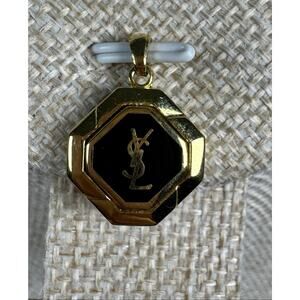 Vintage Yves Saint Laurent YSL Octagon Pendant Gold Tone Black Enamel